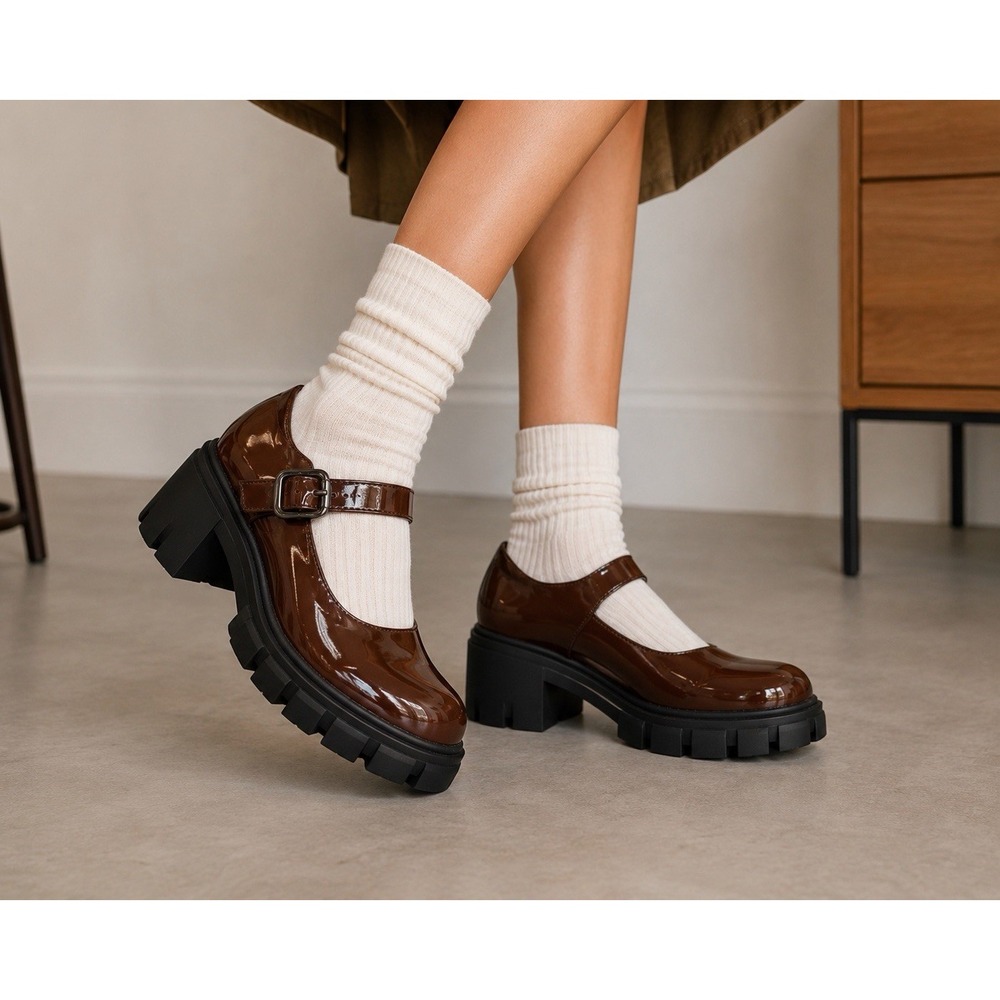 Women's Brown Patent Mary Jane Chunky Lug Sole Platform Work Shoes Size 5.5 NWOB